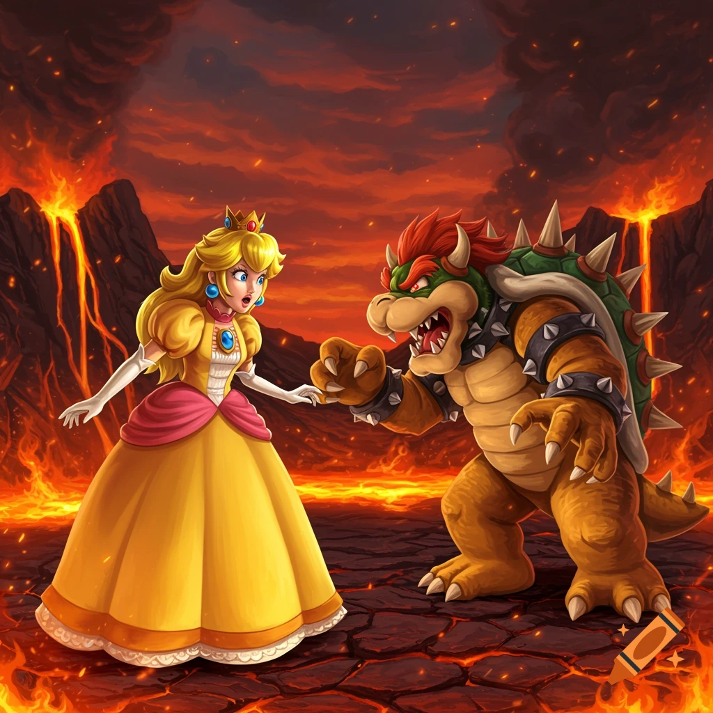 Princess Peach looks surprised while facing a menacing Bowser in a dramatic, fiery volcanic landscape, illustrated in a video game art style.