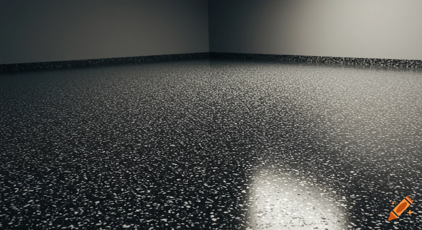 A dark garage floor with black and white flakes, reflecting light in a corner of an empty room.