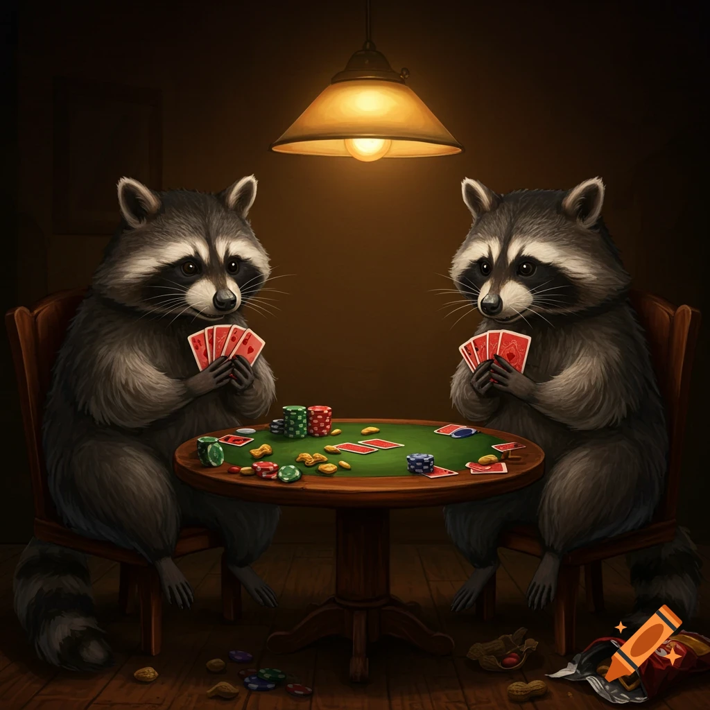 Two anthropomorphic raccoons sit at a poker table under a lamp, holding cards and surrounded by poker chips and snacks.