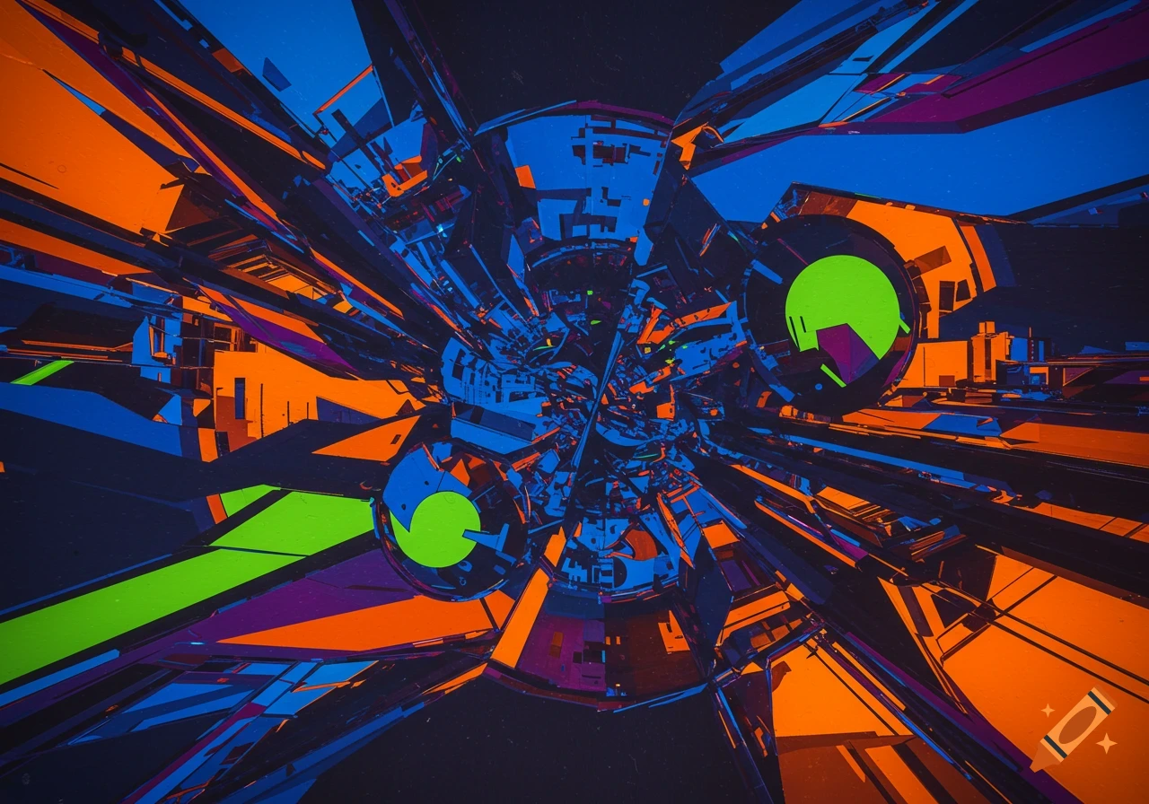 A vibrant abstract explosion of sharp geometric shapes in blue, orange, green, and purple.