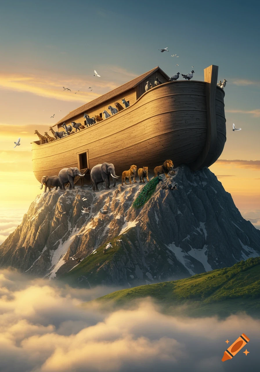 Noah's Ark filled with pairs of animals resting atop a majestic, snow-capped mountain above the clouds at sunset, with birds flying around.