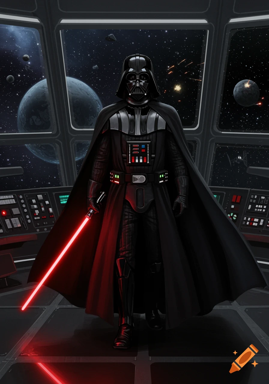 Darth Vader stands in a spaceship cockpit, holding a red lightsaber, looking out at space with planets and stars.
