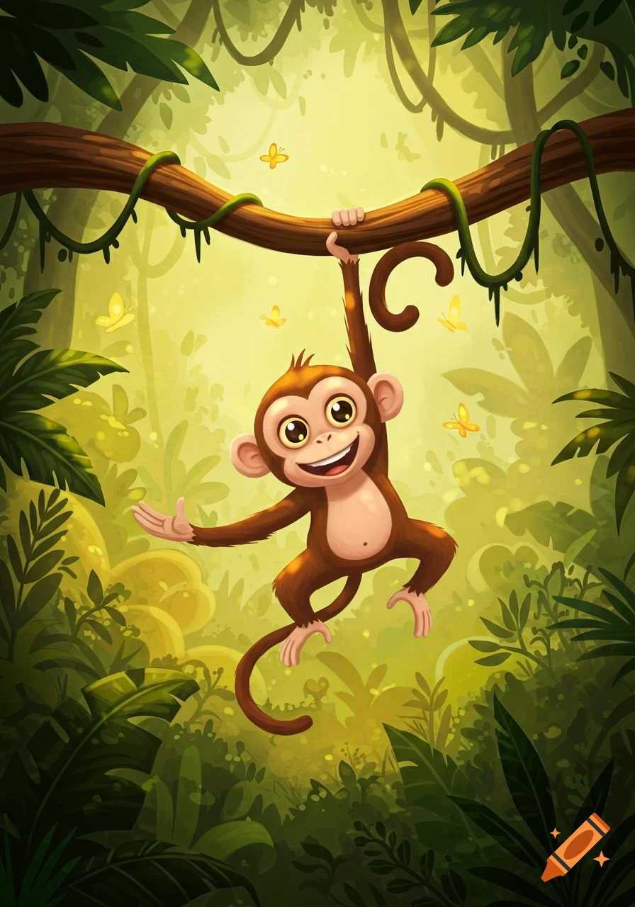 A happy cartoon monkey with big eyes hangs from a tree branch in a vibrant jungle with butterflies.