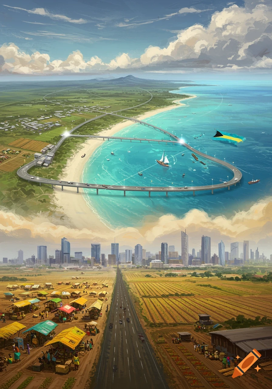 A conceptual split landscape showing a coastal bridge and turquoise water with The Bahamas flag above a road through fields to a city skyline.