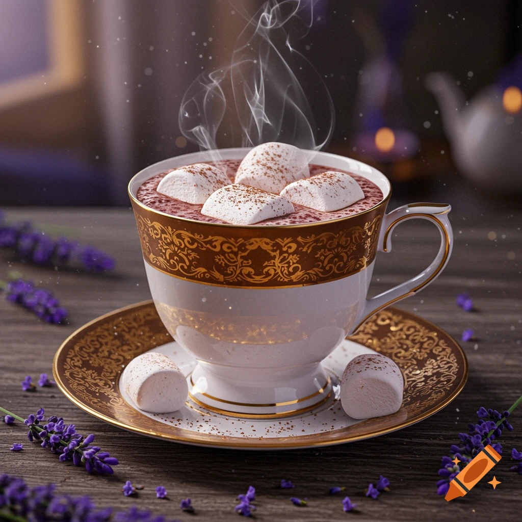 A photorealistic close-up of a steaming hot cocoa in a white and gold ornate teacup with marshmallows and lavender flowers.