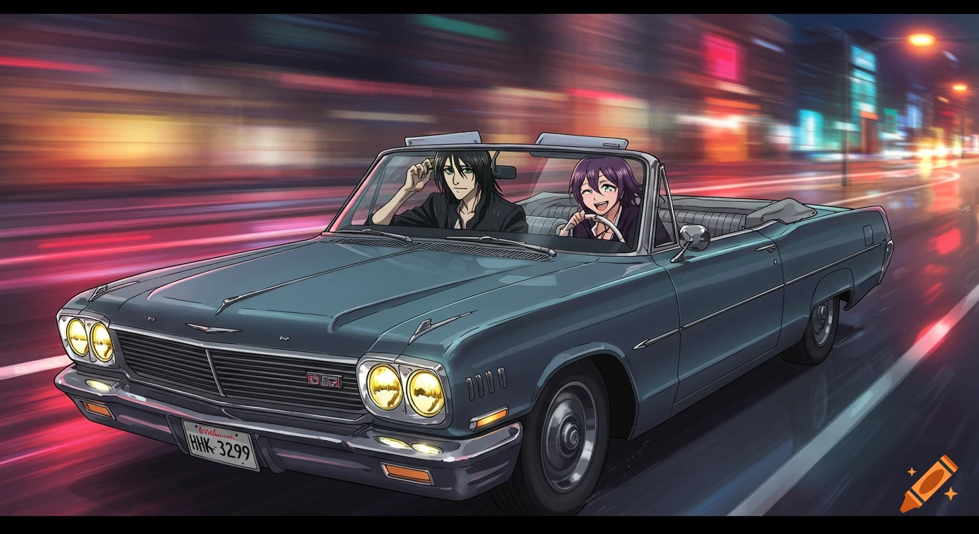 An anime man with black hair drives a blue vintage convertible at night, while an anime woman with purple hair smiles in the passenger seat against a blurred city background.