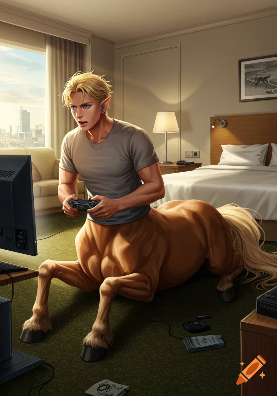 A blond, blue-eyed centaur with pointy ears intently plays a video game on a monitor in a hotel room.