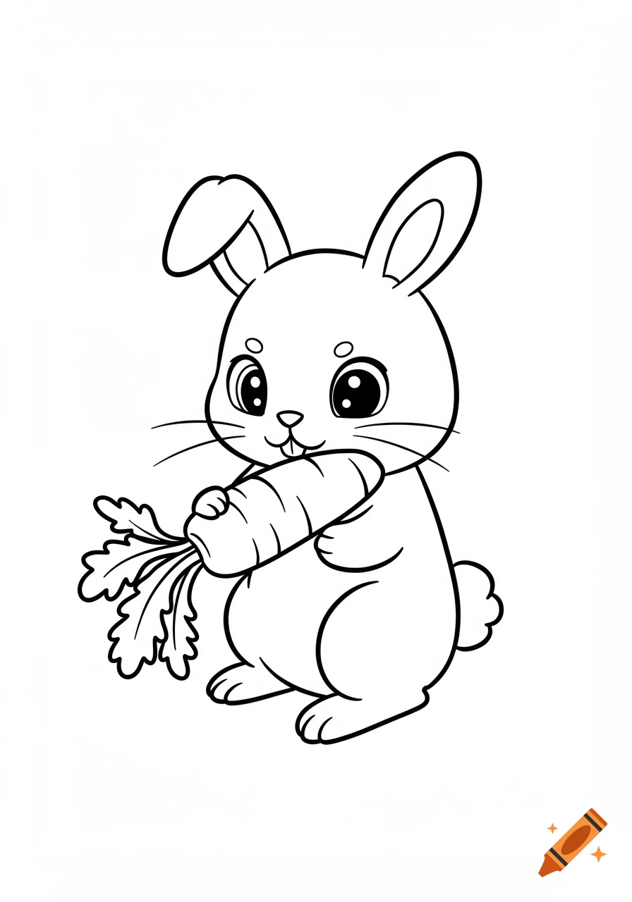 Line art outline of a cute cartoon rabbit holding a carrot, in a coloring book style.