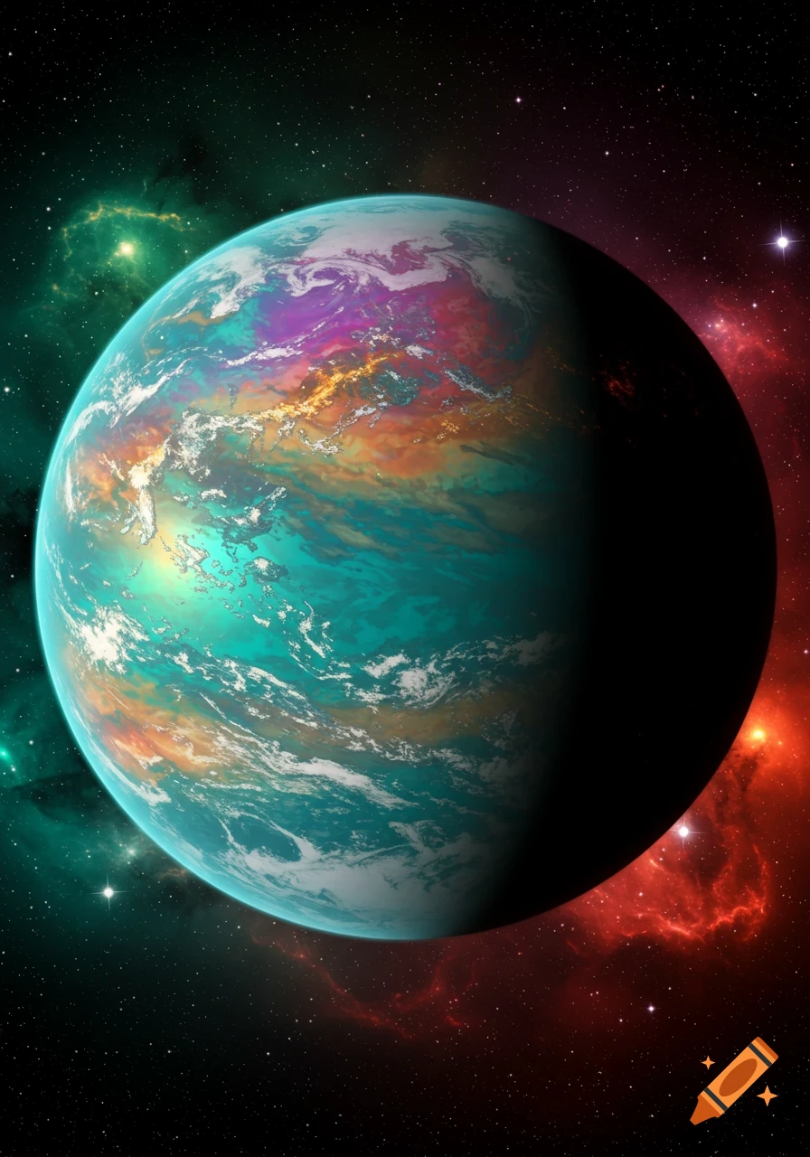 A vibrant, colorful exoplanet with teal, purple, orange, and white details against green and red nebulae with stars.