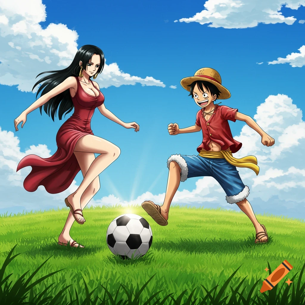Anime illustration of Hancock and Luffy from One Piece playing soccer on a grassy field under a blue sky.