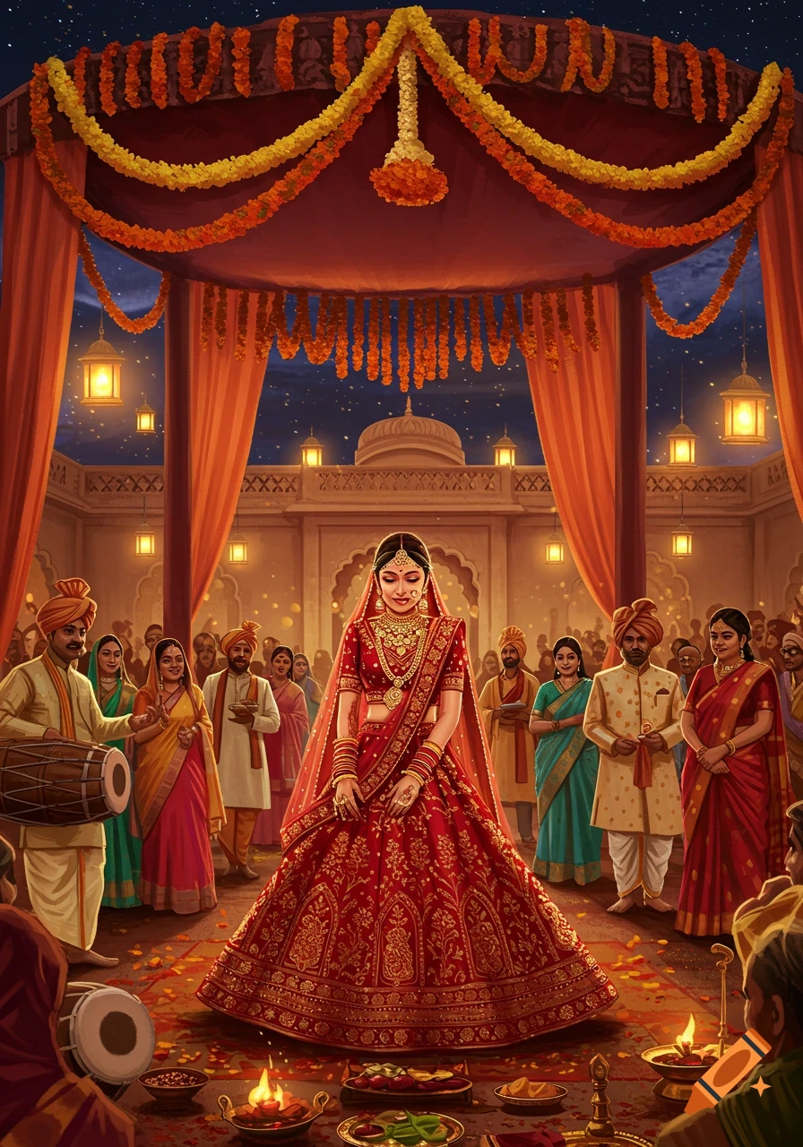 A richly decorated Indian wedding ceremony takes place at night under an ornate canopy, with a bride in a red lehenga standing surrounded by guests.