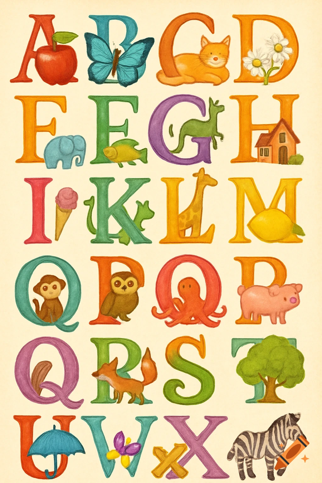 A colorful alphabet chart with each letter illustrated by an object starting with that letter, such as an apple for A and a butterfly for B, on a cream background.