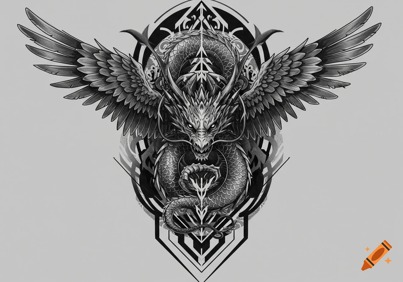 Detailed black and white dragon with outstretched wings and coiled body, rendered in a tattoo design style with geometric patterns.