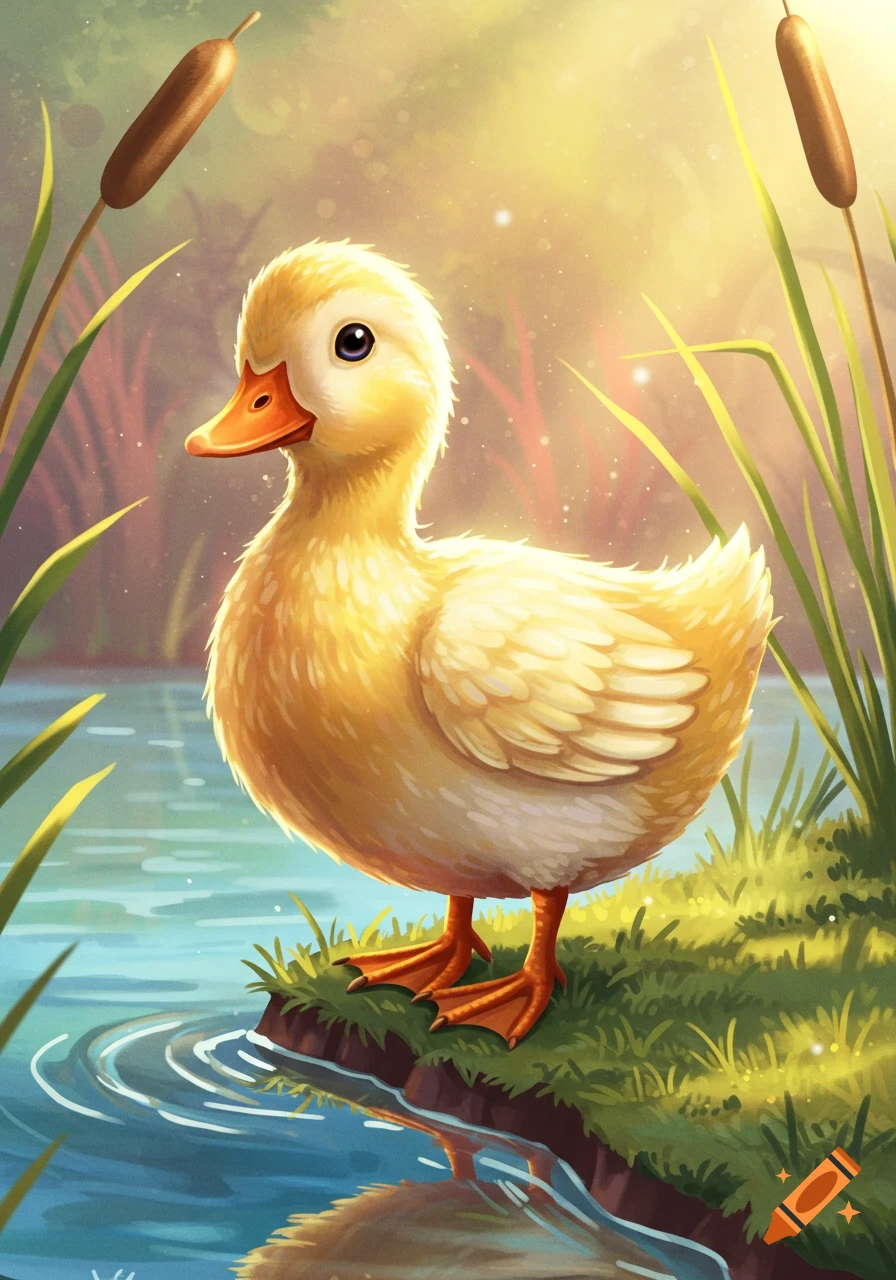A vibrant illustration of a cute yellow duckling standing on a grassy bank by a pond, with tall reeds and cattails under a sunny sky.