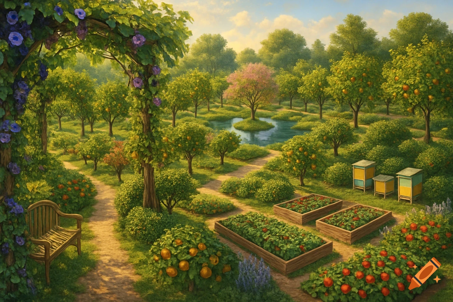 Lush garden with winding paths, fruit trees, raised beds, beehives, a wooden bench, and a pond with an island under a clear sky.
