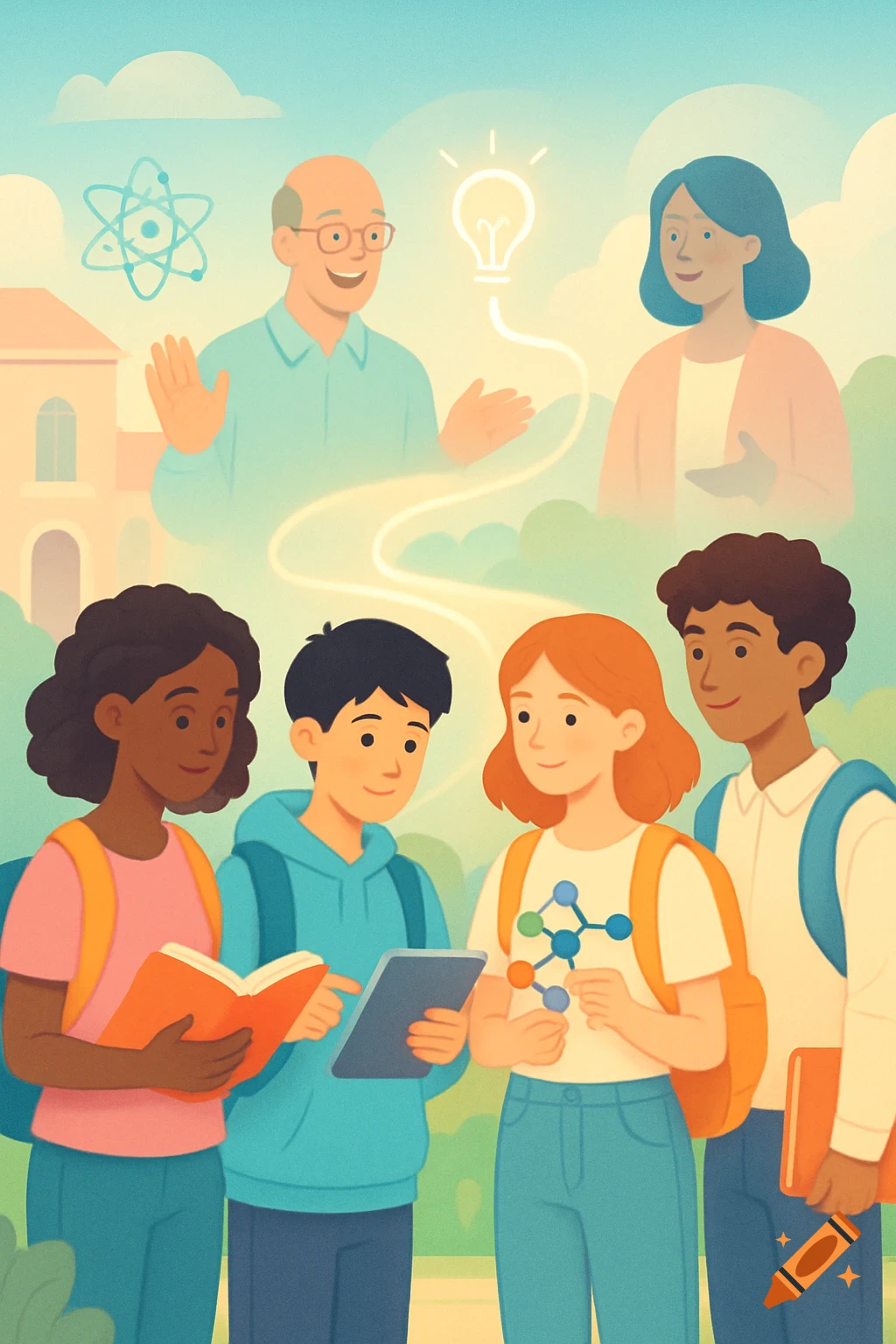 An illustration of diverse students and teachers in an outdoor educational setting, with science symbols and ideas.
