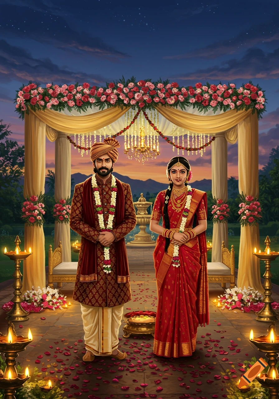 A man and woman in traditional Indian wedding attire stand under a flower-decorated mandap at dusk, surrounded by lit diyas.