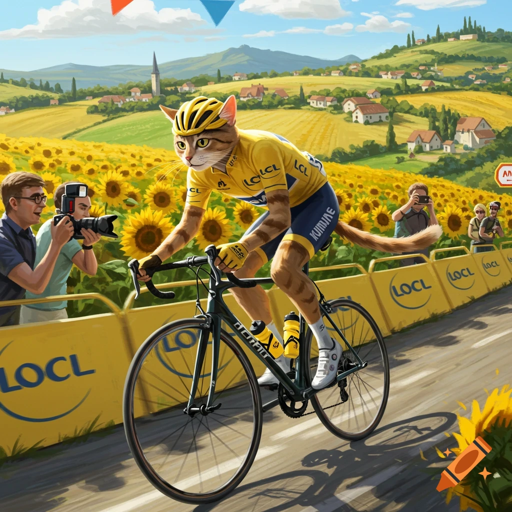 An anthropomorphic cat in a yellow cycling jersey and helmet rides a bike through a sunflower field, with spectators and a village in the background.