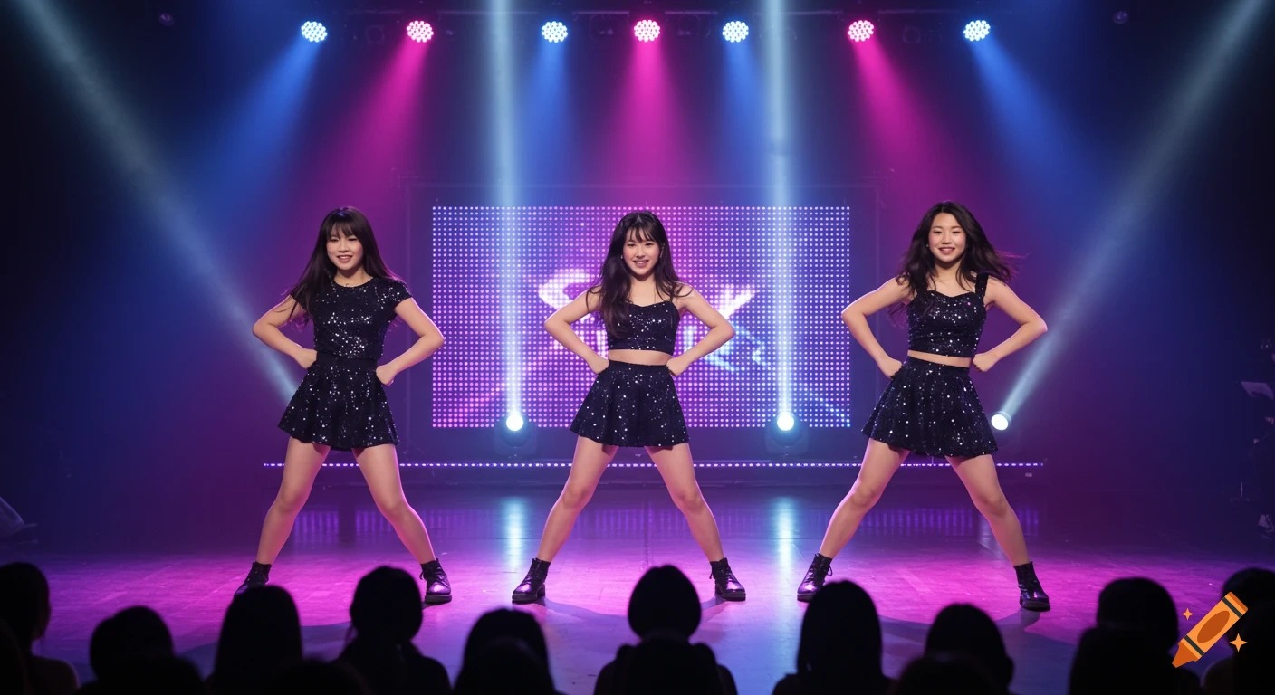 Three young women in black sequined outfits dance on a stage lit with blue and purple spotlights.