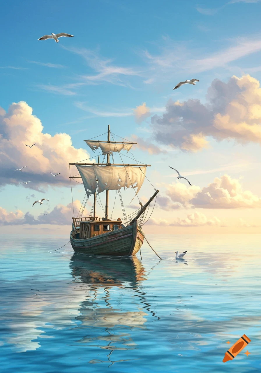 An old wooden sailboat with tattered sails floats on calm blue water under a partly cloudy sky with seagulls.