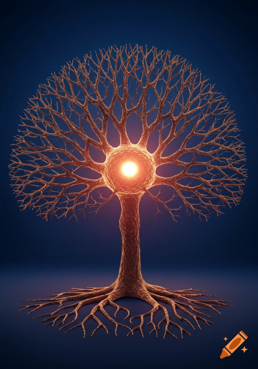 An abstract, glowing brown tree with branches and roots resembling a neuron, against a dark blue background.