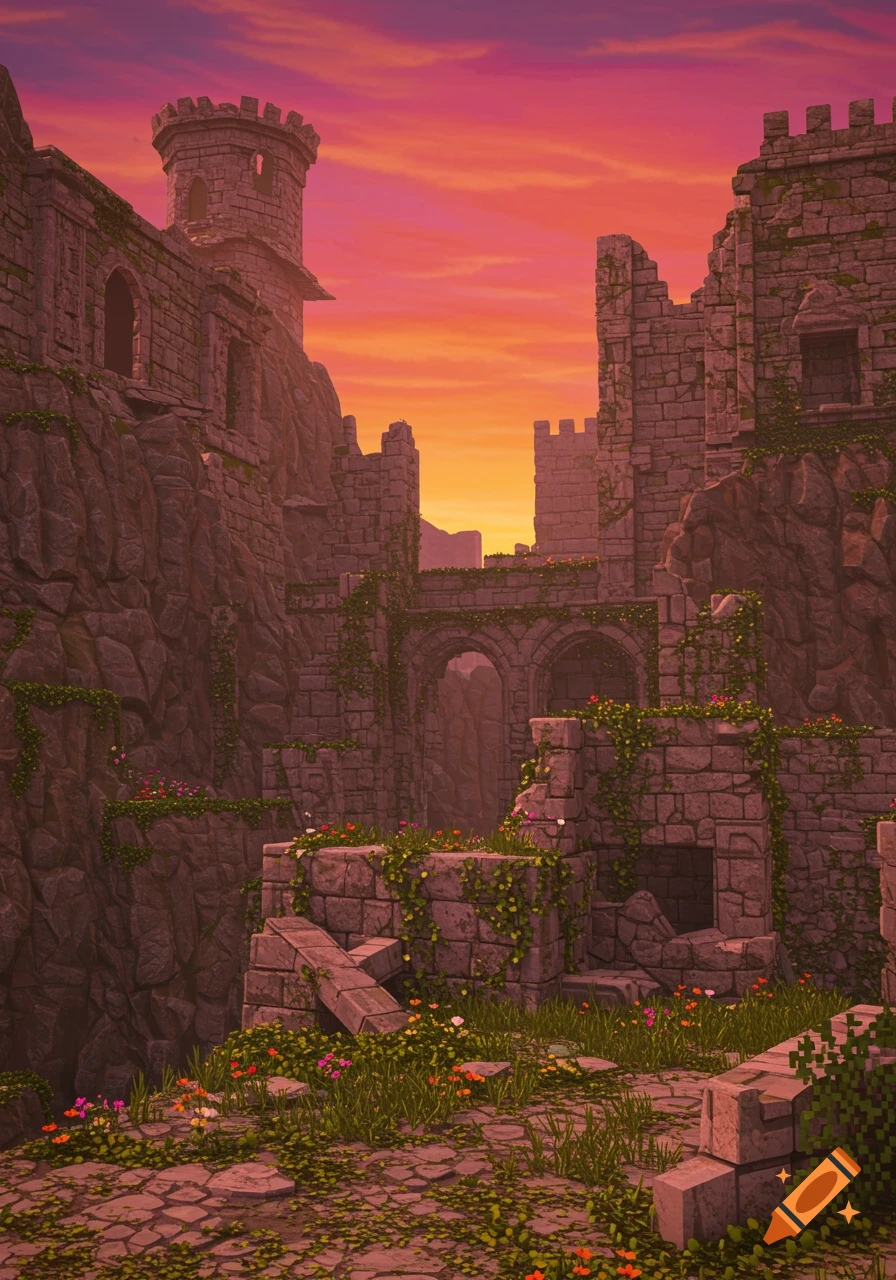 An ancient stone castle ruin, overgrown with vines and colorful flowers, basks in the warm glow of a vibrant orange and purple sunset.