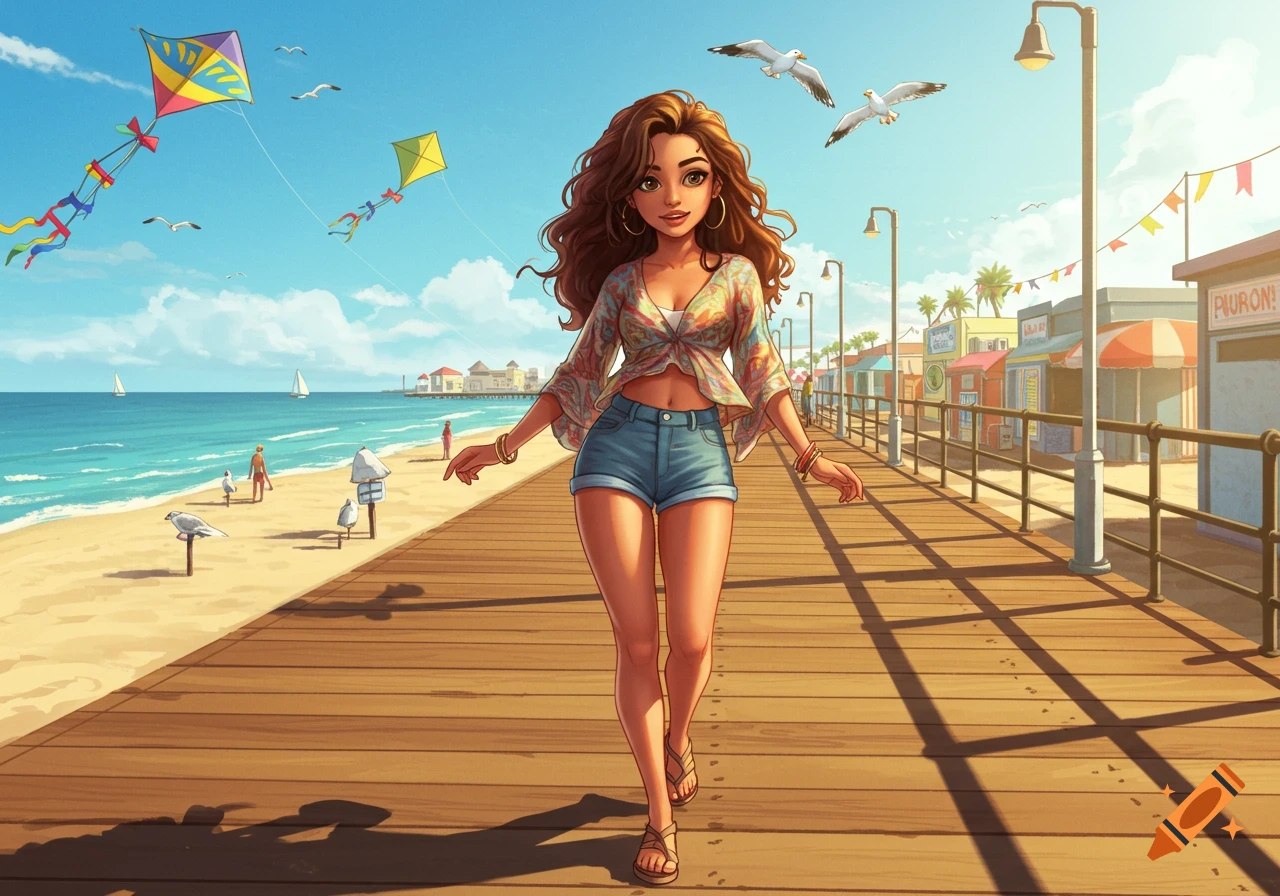 A cartoon brunette woman in a patterned top and denim shorts walks on a sunny wooden boardwalk by a beach with kites flying.
