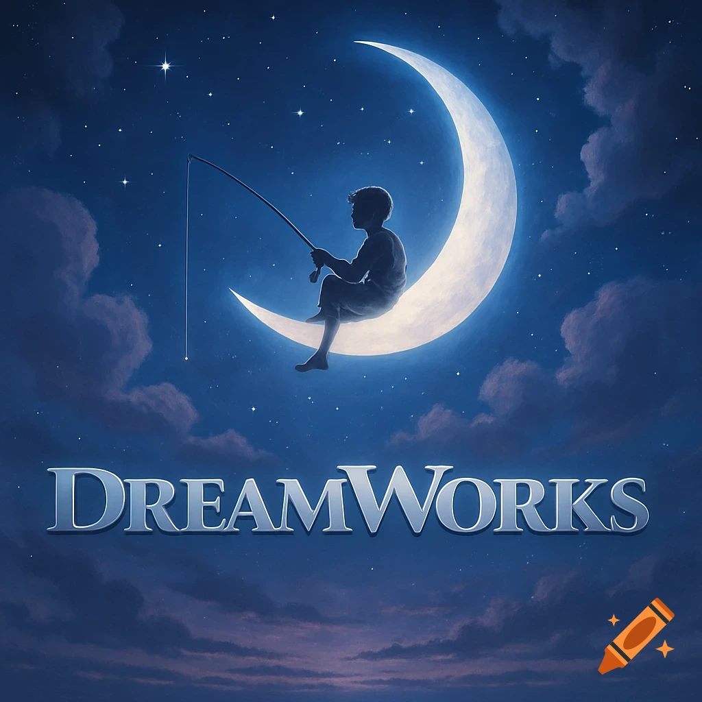 A silhouette of a boy fishing from a crescent moon in a starry night sky  above the 'DREAMWORKS' logo. on Craiyon, image size:1024x1024