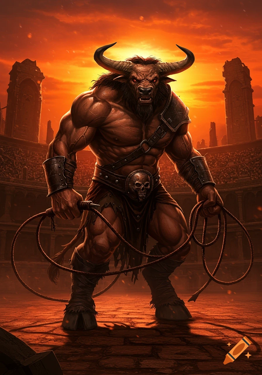 A muscular minotaur with red eyes holds whips in a fiery gladiatorial arena at sunset, digital art.