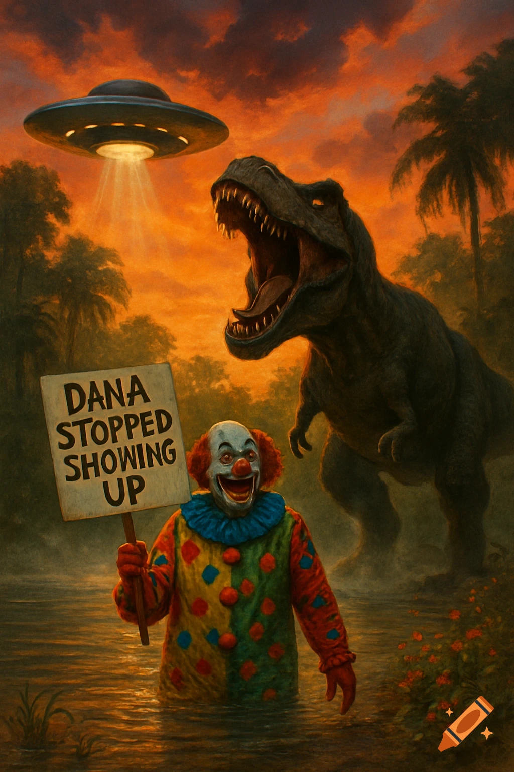 A clown in a lake holds a sign, 'Dana Stopped Showing Up', as a T-Rex roars at a UFO in an orange, cloudy sky.