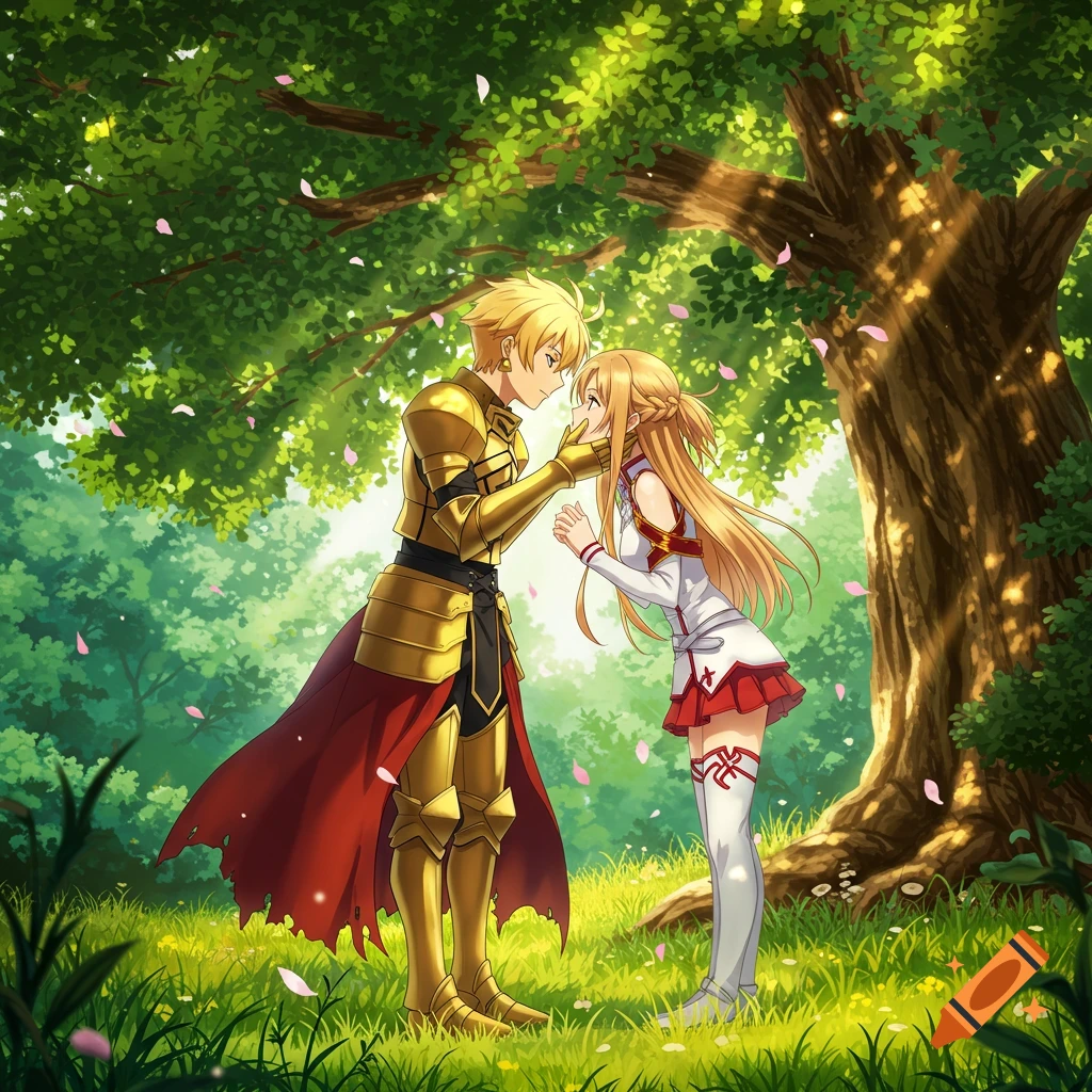 Anime style illustration of a man in golden armor holding the face of a woman in a white dress, both with blonde hair, in a sunny forest with falling petals.