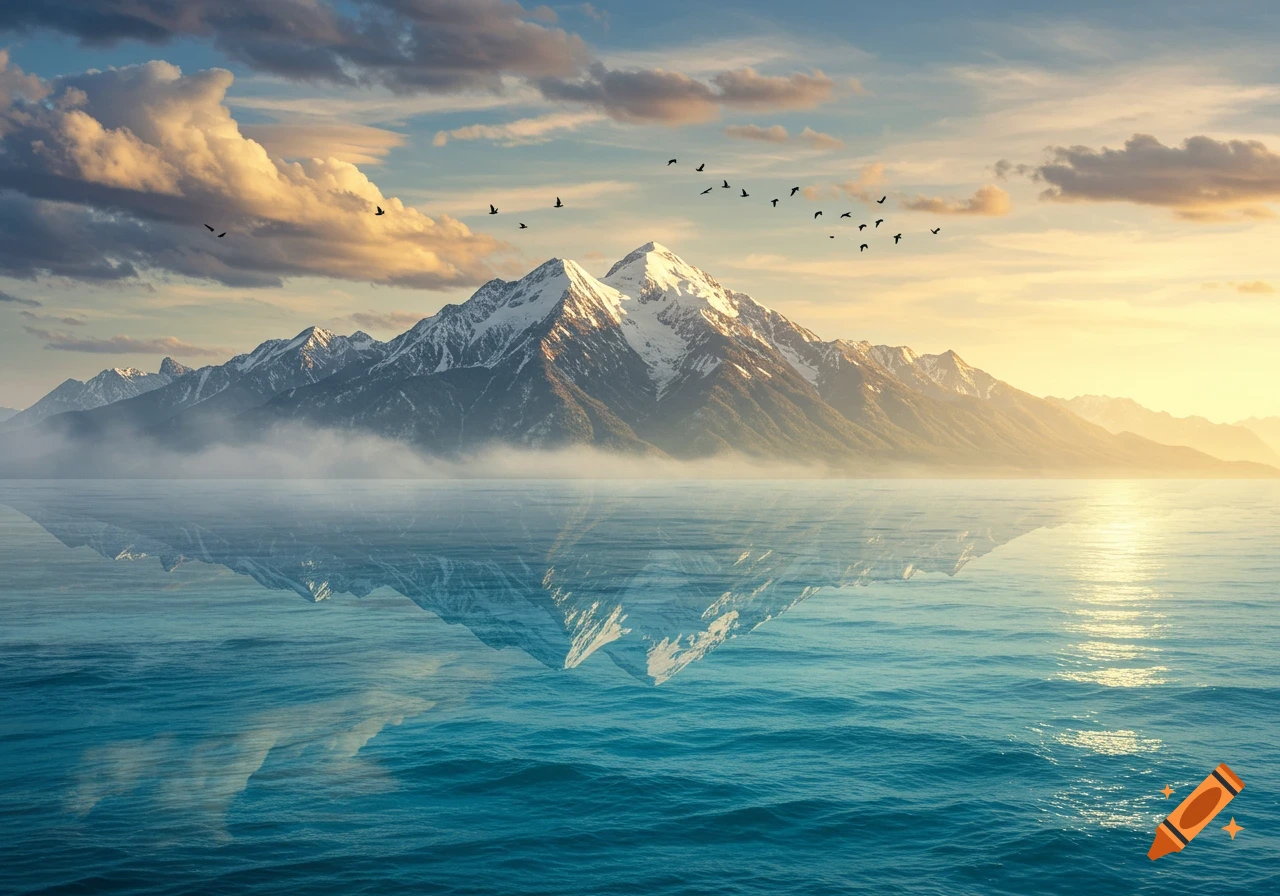 Photorealistic landscape of snow-capped mountains reflecting in serene blue water at sunrise, with birds flying overhead.