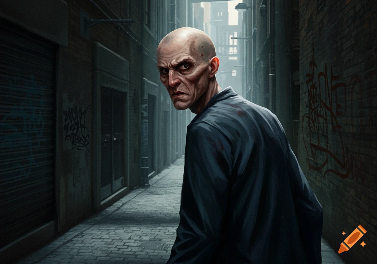 A bald, gaunt man with a menacing expression looks over his shoulder in a dark, graffiti-covered alley.