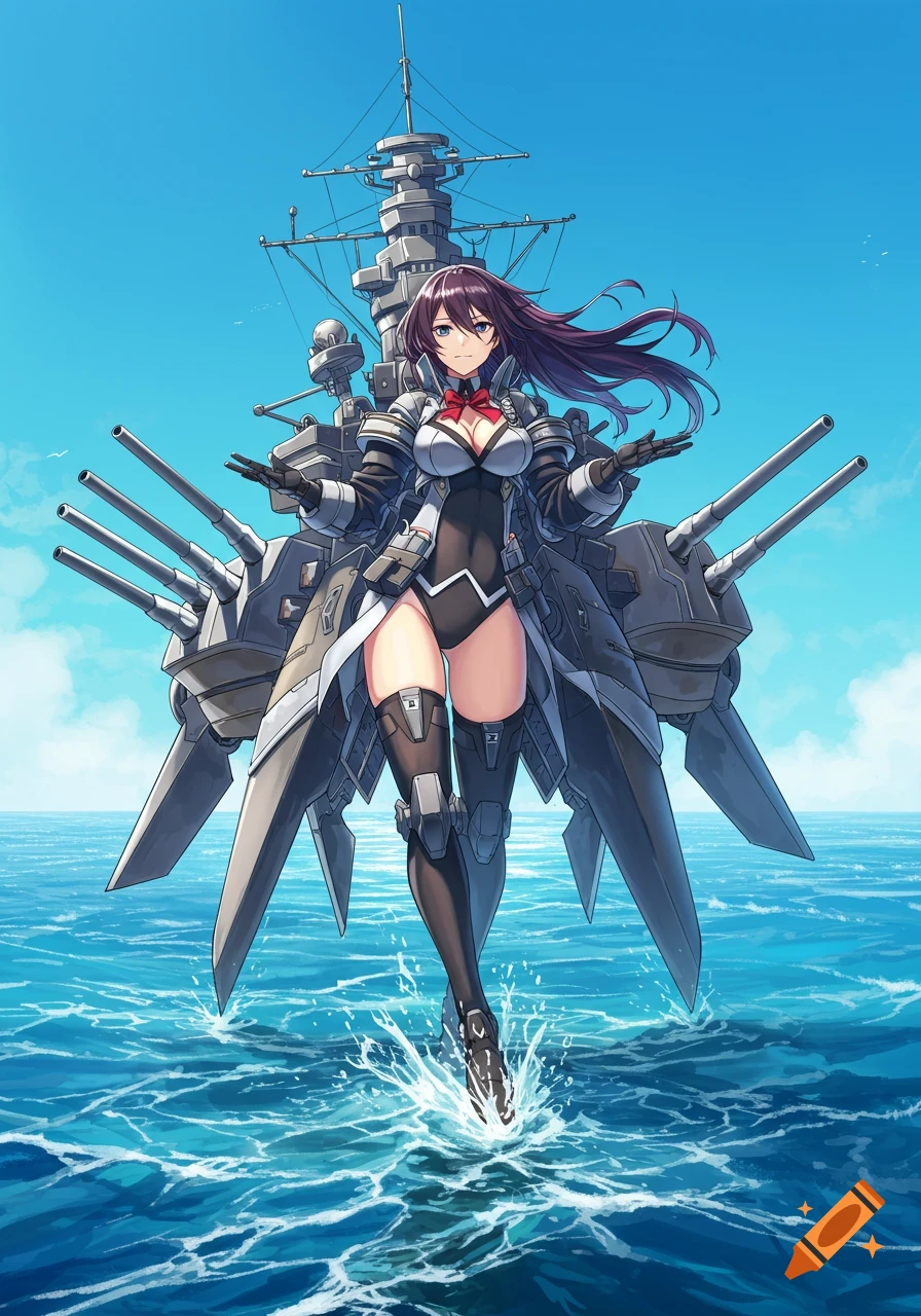 An anime-style female character with long dark hair and red bow stands on the ocean surface, surrounded by battleship rigging. Blue sky background.