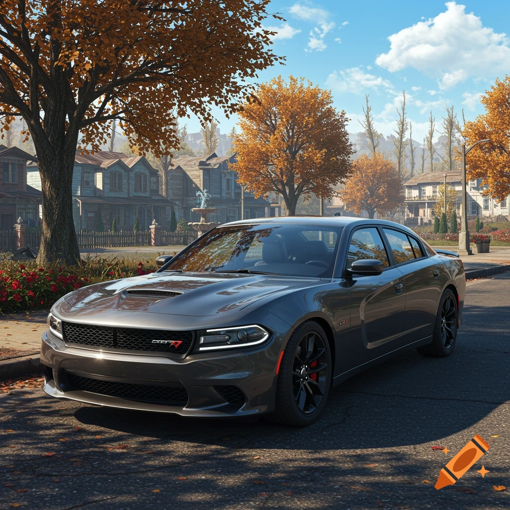 A grey Dodge Charger parked on a suburban street in autumn, with houses and trees with orange leaves under a blue sky.