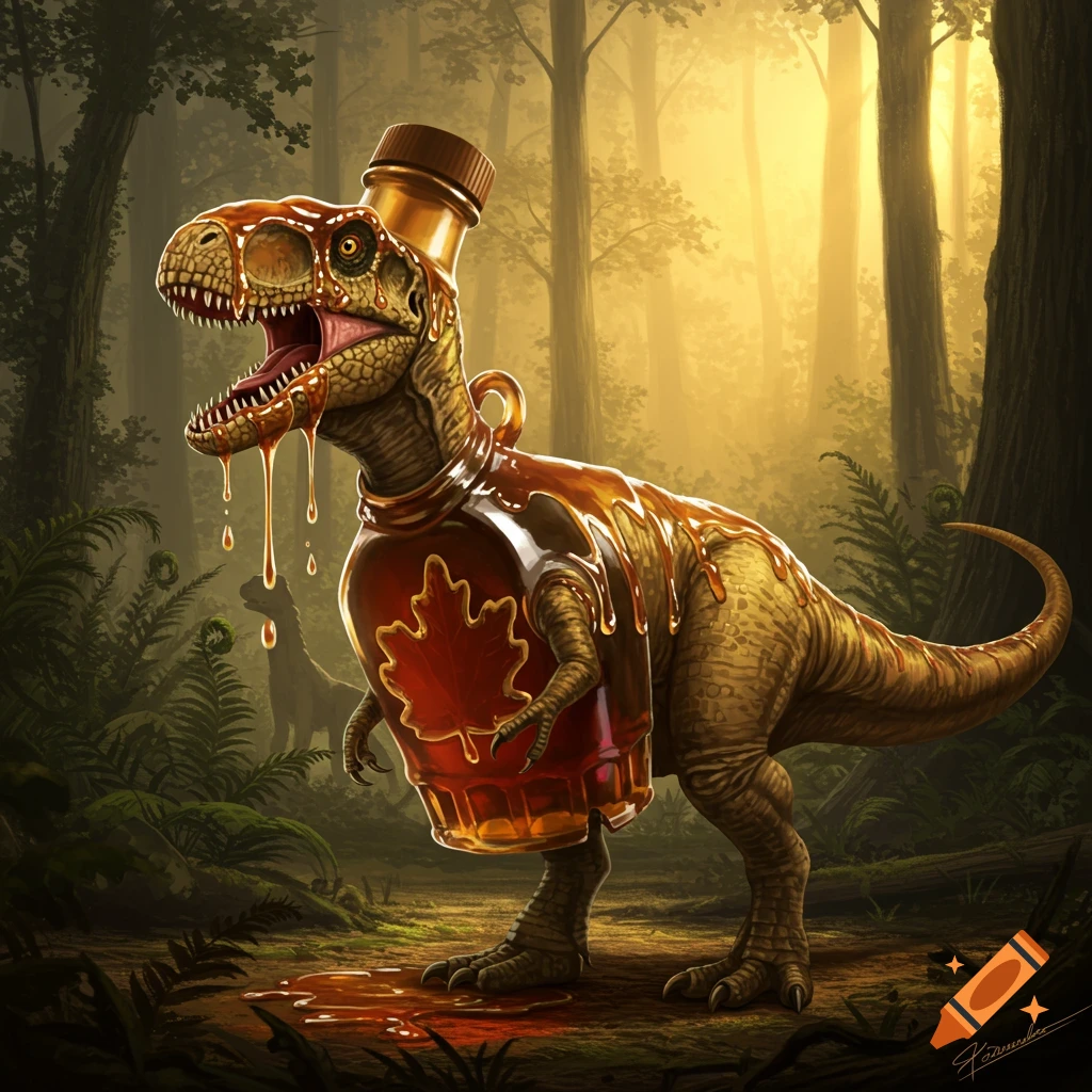 A cartoon Tarbosaurus in a maple syrup bottle costume, dripping syrup, stands in a sunlit forest.