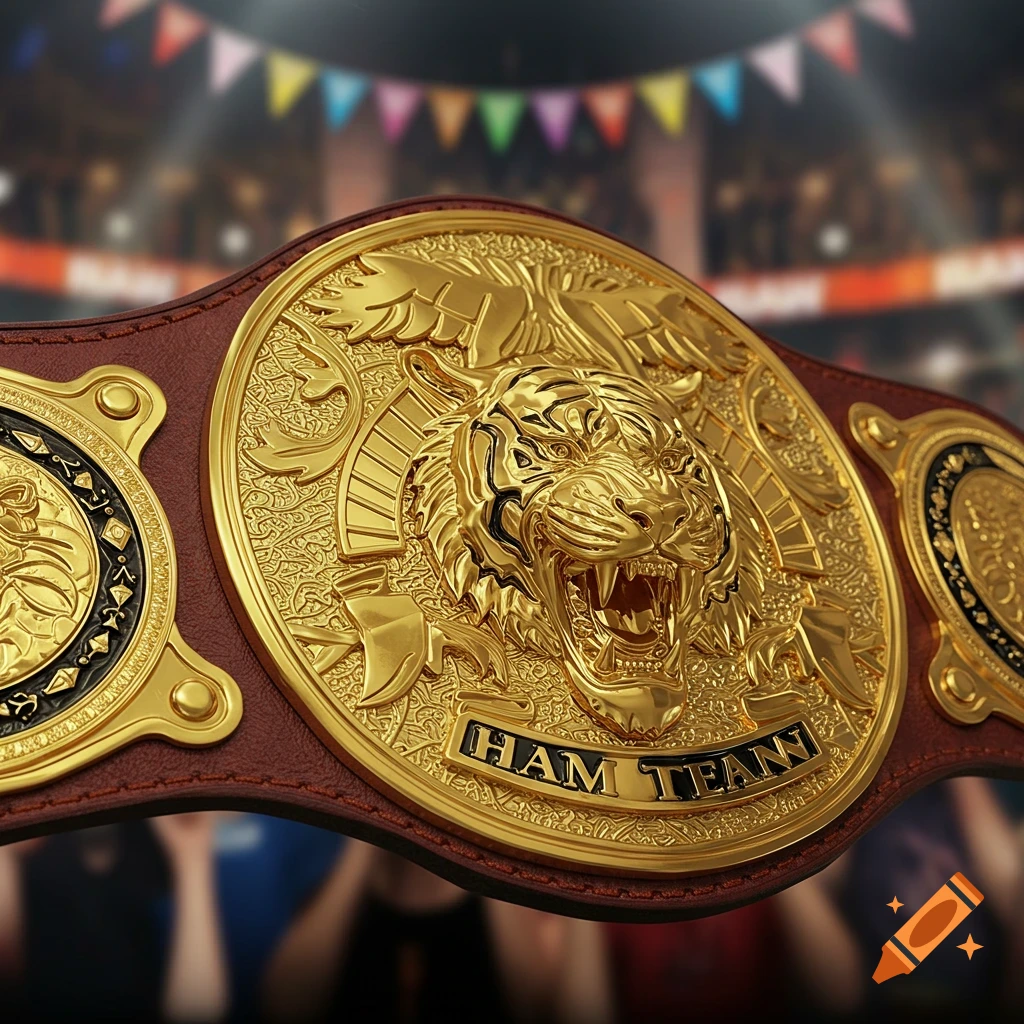 A golden wrestling championship belt with a prominent roaring tiger emblem, set against a blurred stadium background.