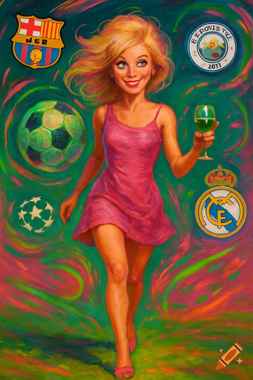 A blonde woman in a pink dress, holding a green drink, smiles as she walks. Various football logos float around her on a vibrant green and pink swirled background, in a digital painting style.