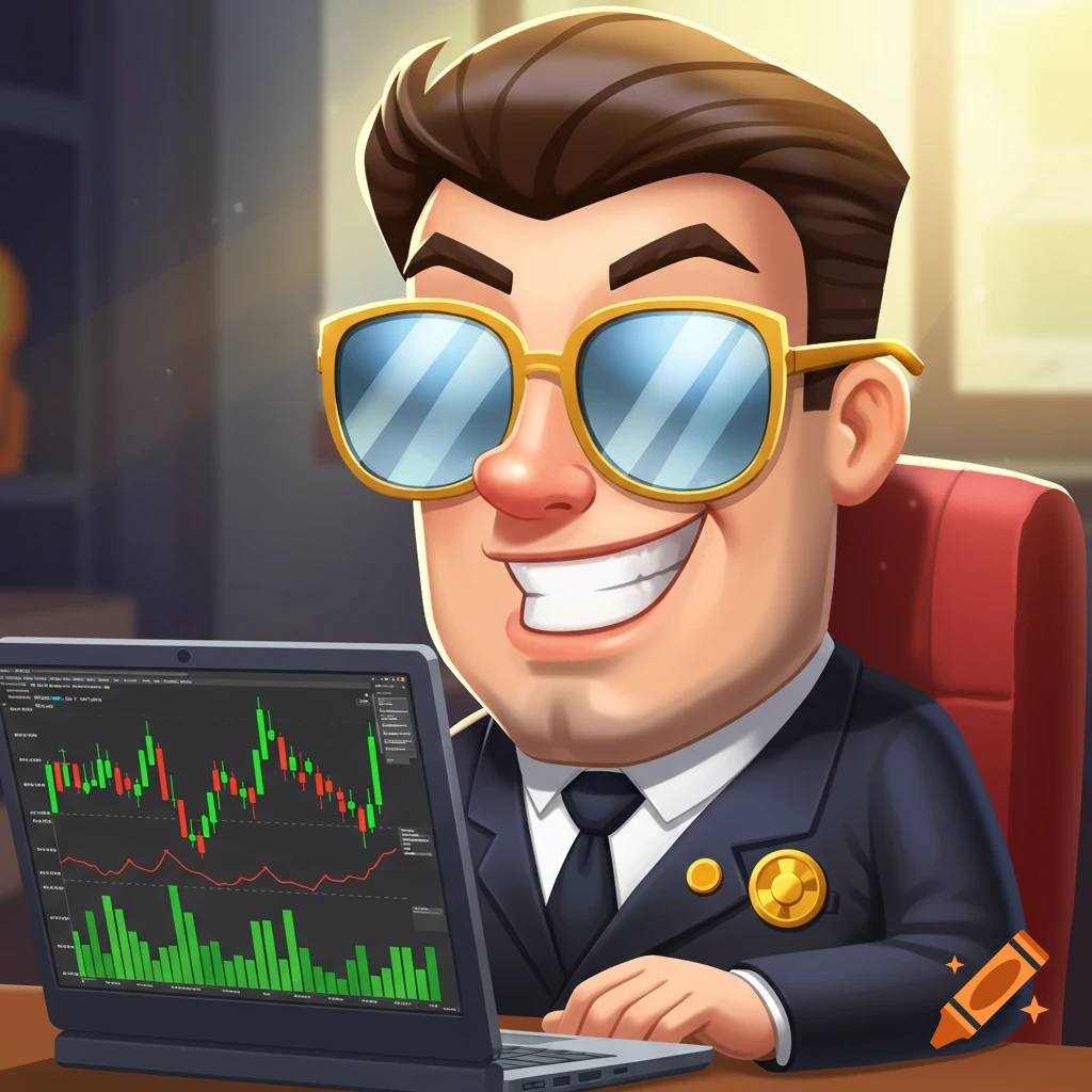 A smiling cartoon businessman in sunglasses and a suit sits at a laptop displaying green and red financial charts.