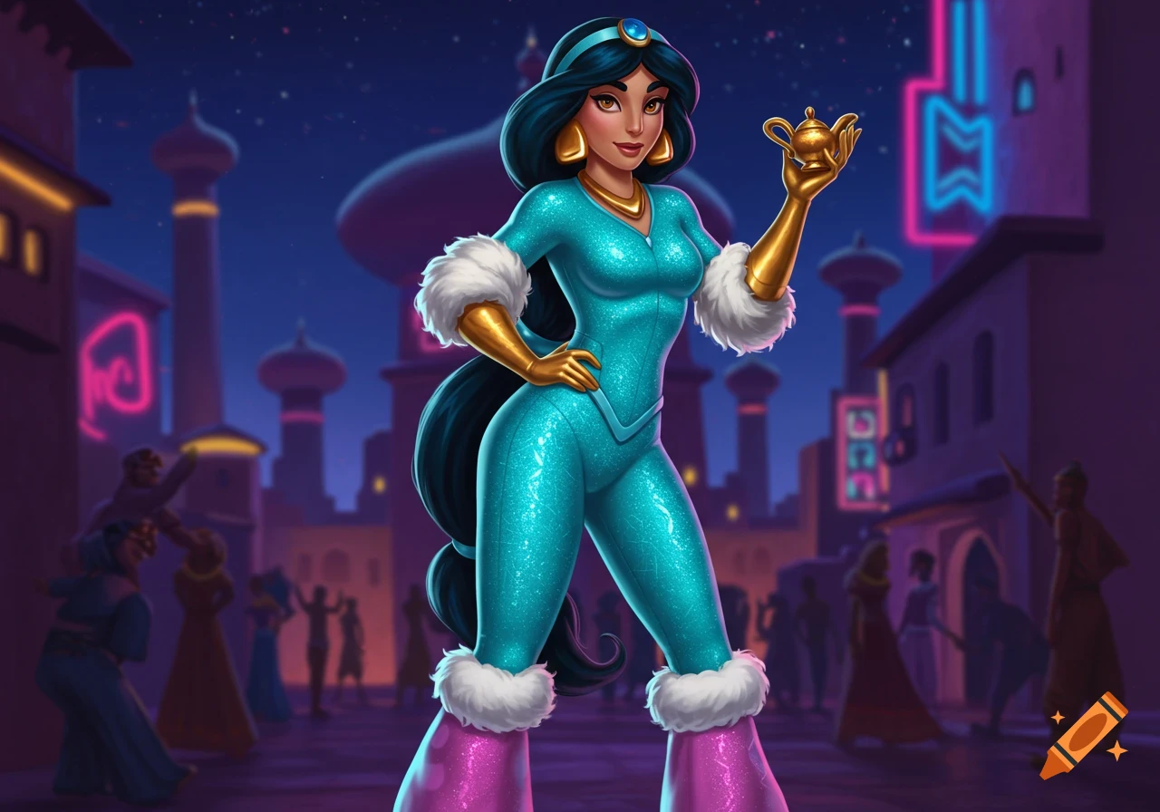 Princess Jasmine in a sparkling cyan suit with gold gloves and pink fur-trimmed boots, holding a magic lamp in a night market scene.