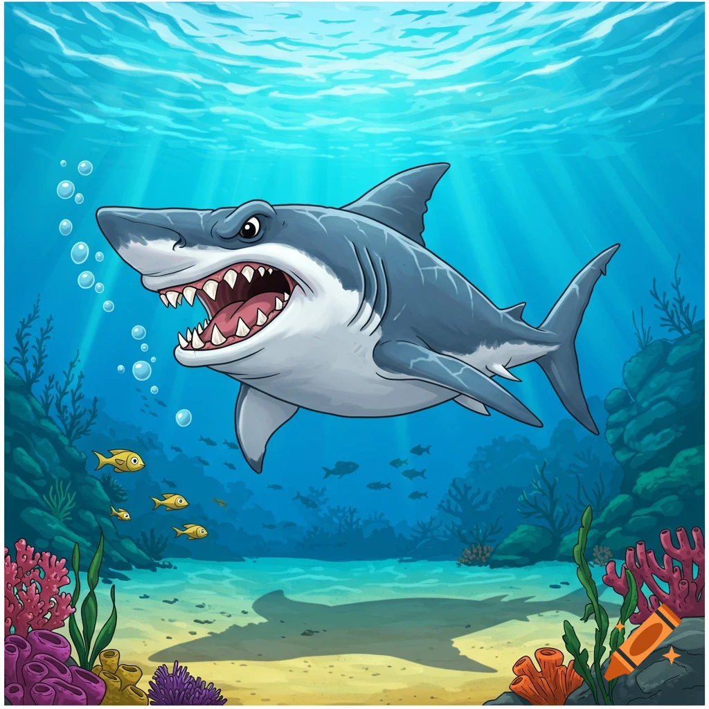 A cartoon great white shark with an angry expression and open mouth showing sharp teeth swims in the ocean with coral and small fish.