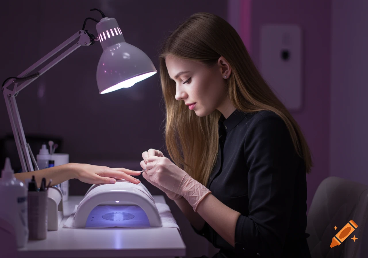 A woman in a black shirt and gloves applies nail polish to a client's hand under a bright white desk lamp and a purple accent light in a salon.