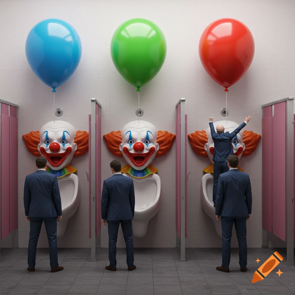 Three men stand facing clown-shaped urinals in a bright restroom. Above each urinal is a balloon; blue, green, and red. One man raises his arms.