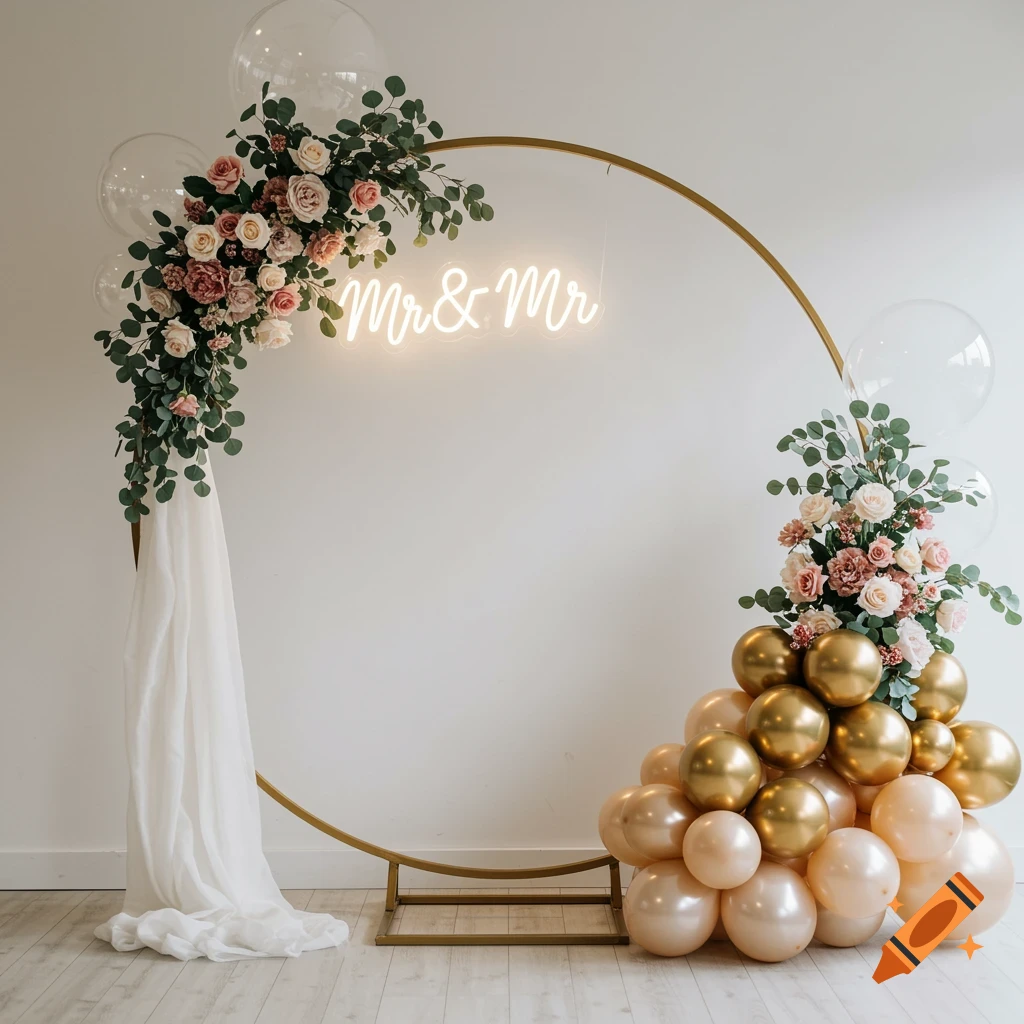 A golden circular wedding arch decorated with pink and white roses, eucalyptus, clear and gold balloons, and a white chiffon drape. A neon sign above reads 'Mr & Mr'.
