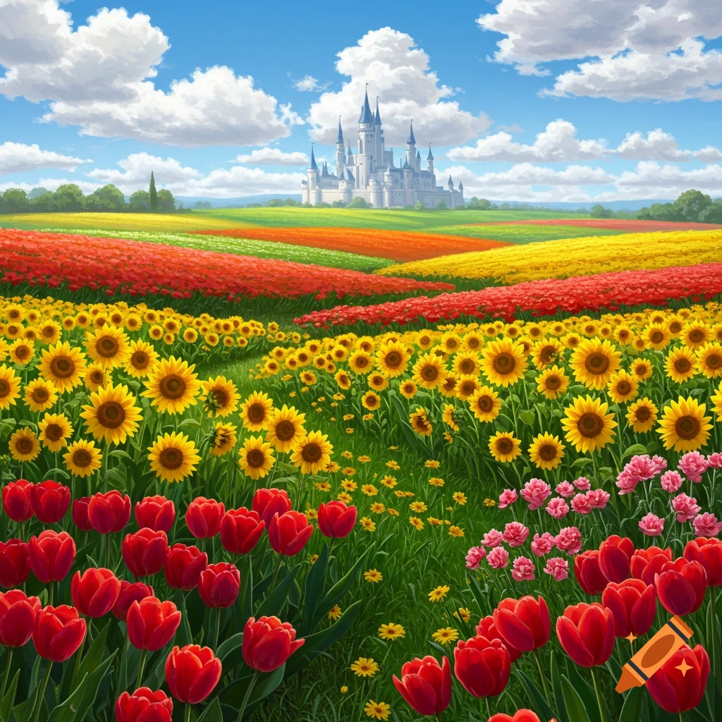 A vibrant landscape with fields of red tulips, yellow sunflowers, and other colorful flowers leading to a fantasy castle under a blue sky.