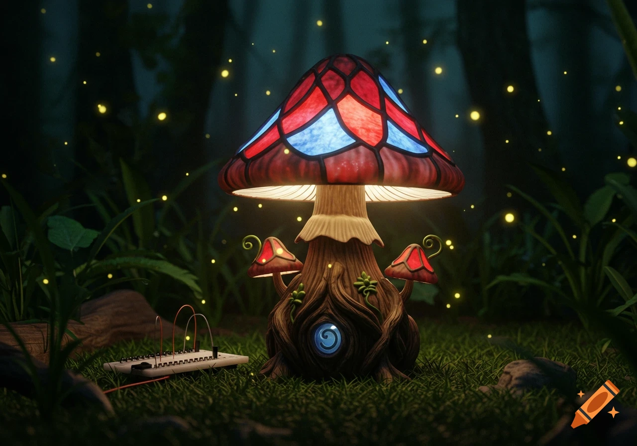 A whimsical mushroom-shaped lamp with a stained-glass top, sitting on grassy ground among fireflies at night, with a small circuit board next to it.