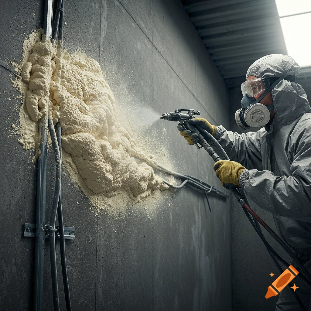 A person in a hazmat suit and respirator sprays insulation foam onto a wall with electrical wires.