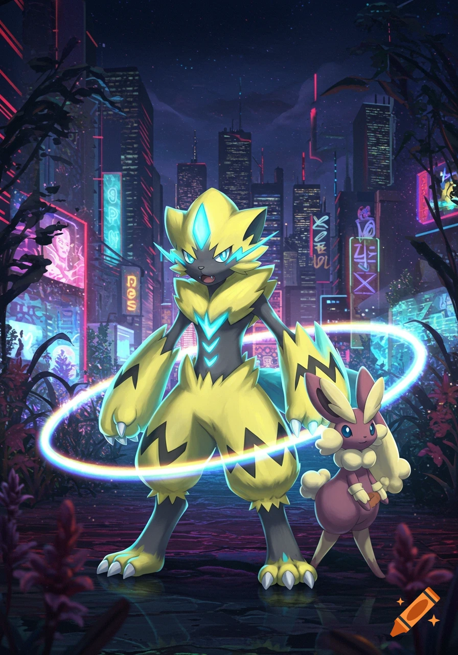 Zeraora and Lopunny stand in a neon-lit cyberpunk city at night, with Zeraora surrounded by a glowing energy ring.