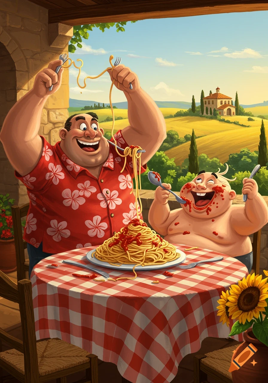 Two cheerful, plump cartoon men messily eat spaghetti on an outdoor patio overlooking a sunny Italian countryside.