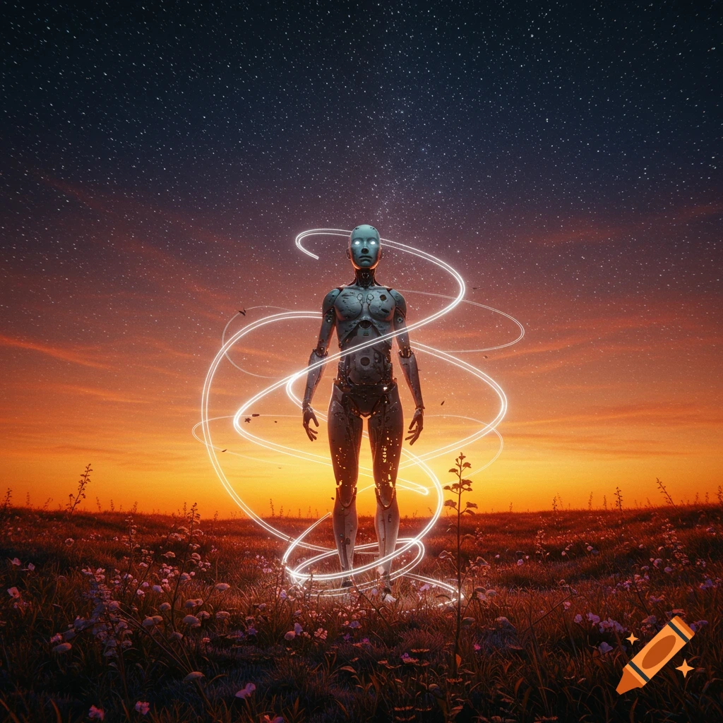 Photorealistic android standing in a field with glowing light trails at sunset under a starry sky.